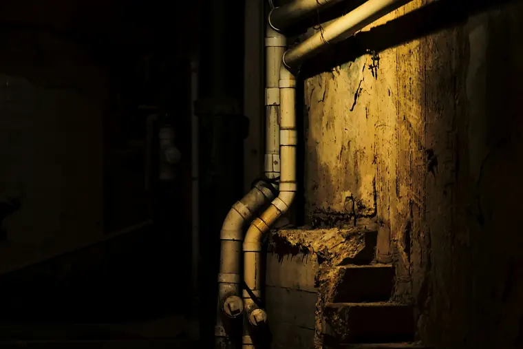 Older basement corner with exposed pipework and a damp, dark foundation wall