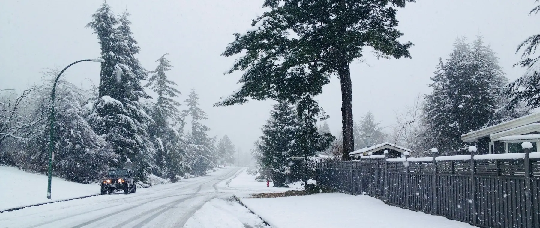 Residential street and houses under fresh winter snow