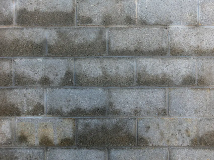 Concrete block wall with dark mould growth across the lower courses